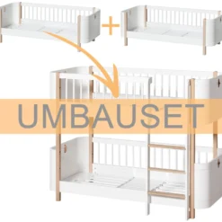 Oliver Furniture Umbauset Wood Mini+ 2 Juniorbetten zum halbhohen Etagenbett Weiß/Eiche