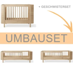 Oliver Furniture Umbauset Wood Mini+ Babybett inkl. Umbauset Juniorbett und Geschwisterset zu 2 Juniorbetten Eiche