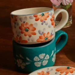 Rice Cappuccino-Tasse Keramik handbemalt Flowers Orange 200 ml
