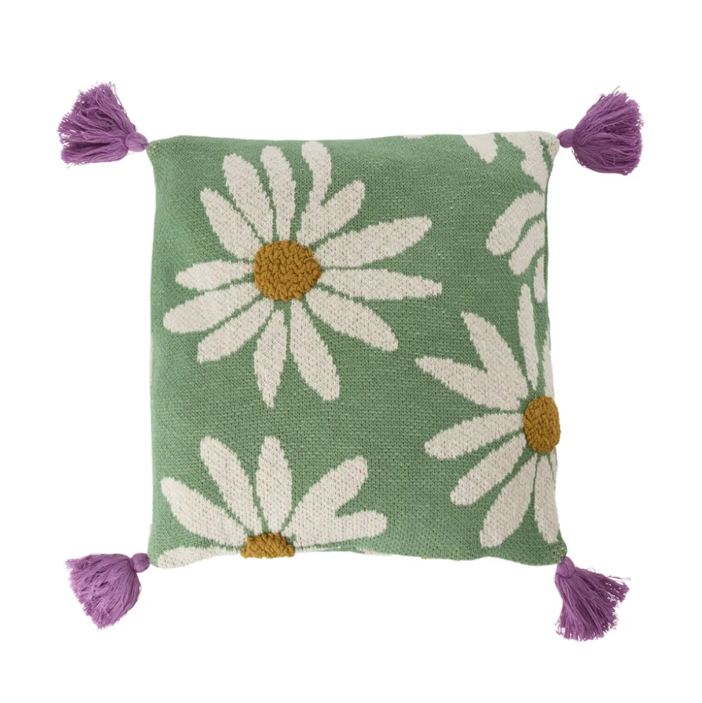 Rice Gestrickted Kissen Flowers and Tassels Green 40x40