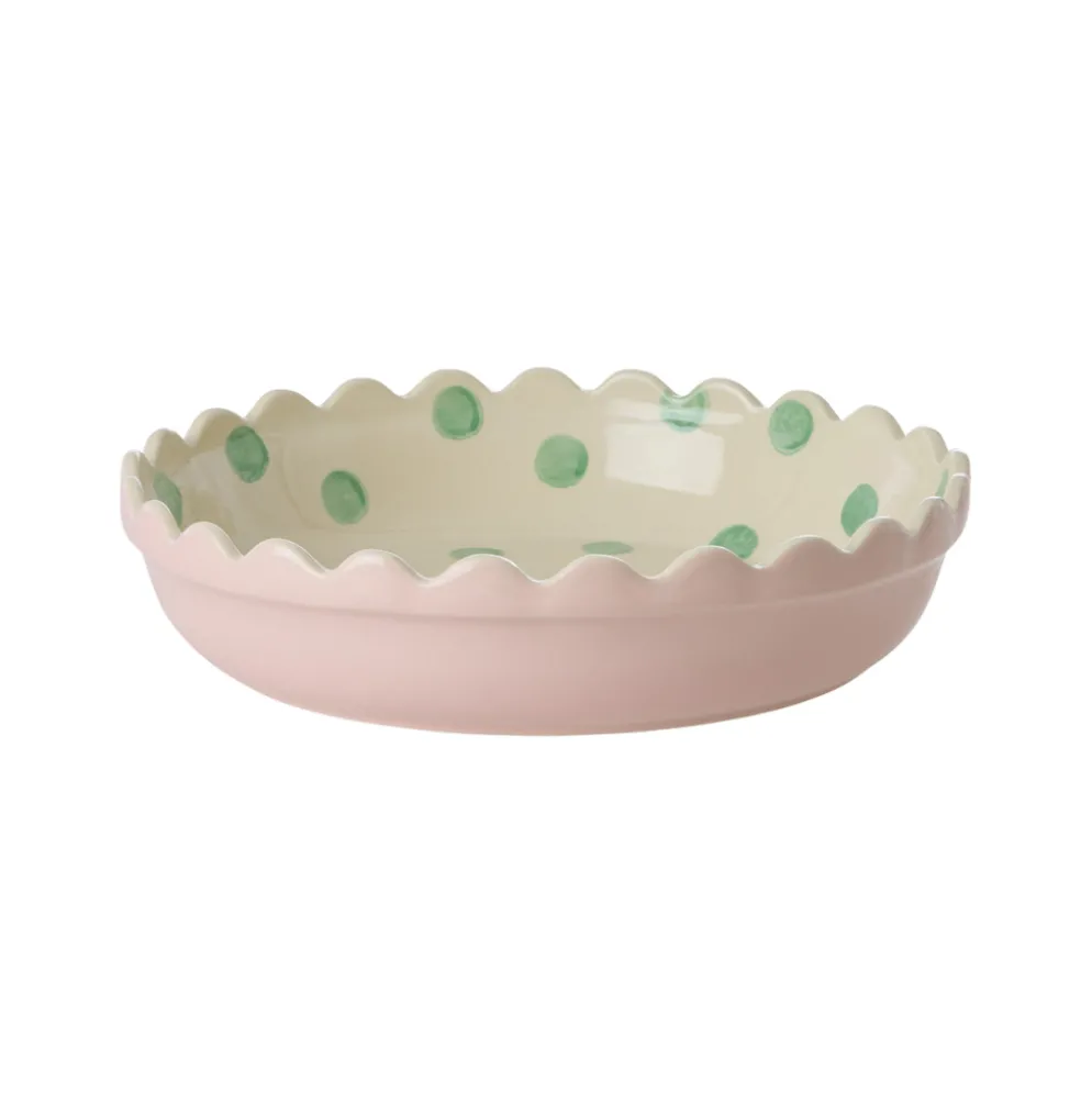 Rice Kuchenform Keramik Two Tone Pink and Creme Green Dots Small